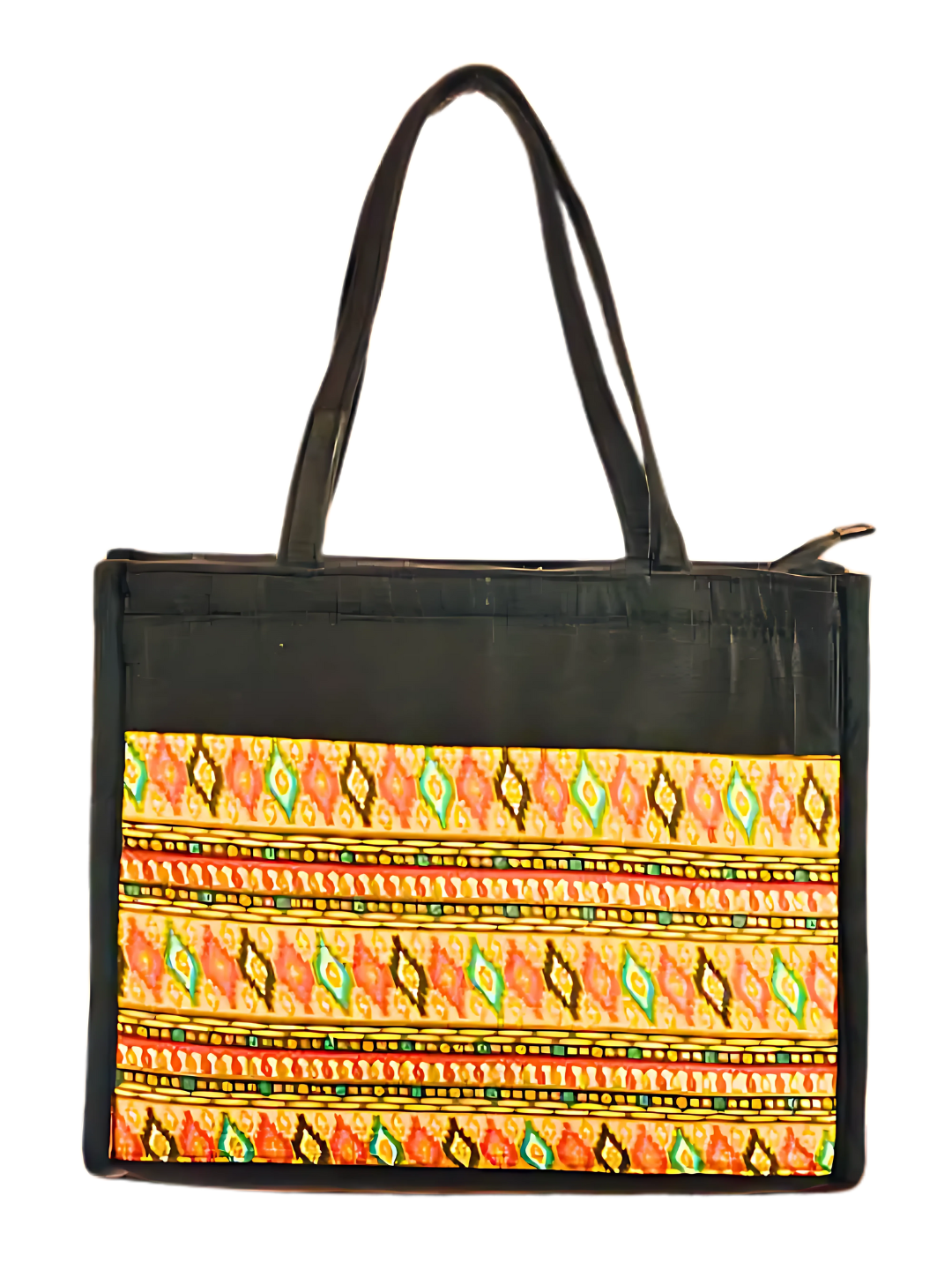 Black tote bag with colorful geometric pattern on a white background