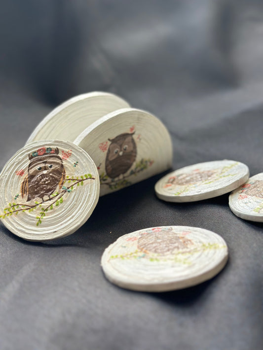 Set of 4 small-round decoupage Coasters + Napkin Holder