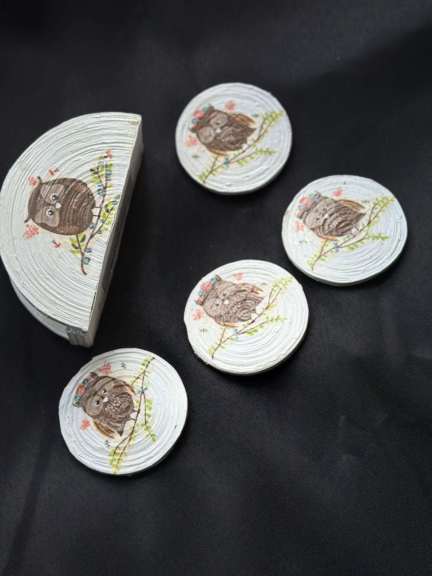 Set of 4 small-round decoupage Coasters + Napkin Holder