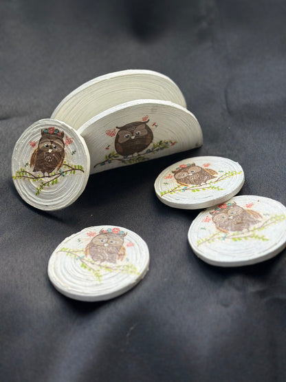 Set of 4 small-round decoupage Coasters + Napkin Holder