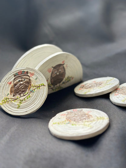 Set of 4 small-round decoupage Coasters + Napkin Holder