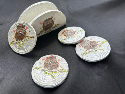 Set of 4 small-round decoupage Coasters + Napkin Holder