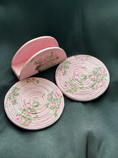 Large Round Decoupage Coasters (set of 2 coasters) + Napkin Holder